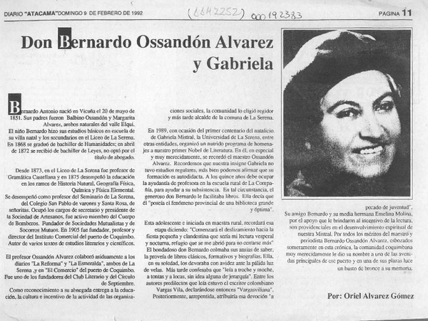 Don Bernardo Ossandón Alvarez y Gabriela  [artículo] Oriel Alvarez Gómez.