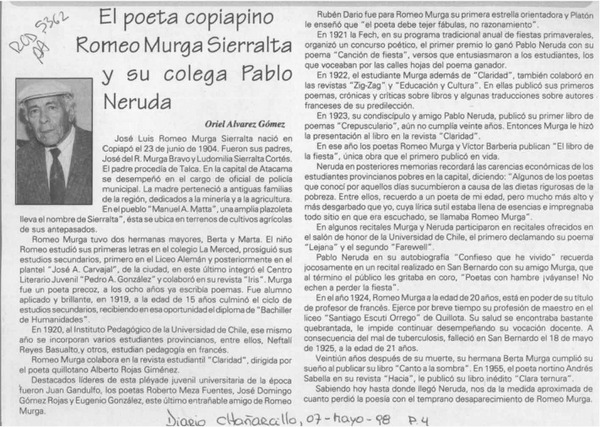 El poeta copiapino Romeo Murga y su colega Pablo Neruda  [artículo] Oriel Alvarez Gómez.