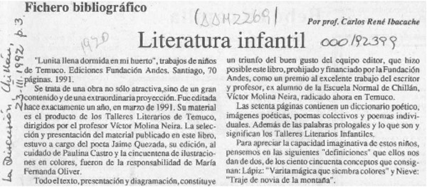 Literatura infantil  [artículo] Carlos René Ibacache.