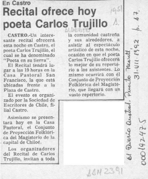 Recital ofrece hoy poeta Carlos Trujillo  [artículo].