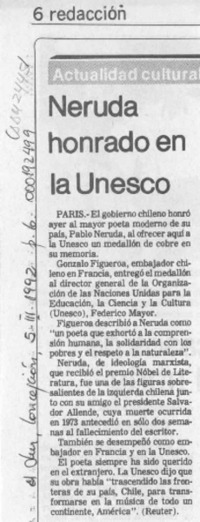 Neruda honrado en la Unesco  [artículo].
