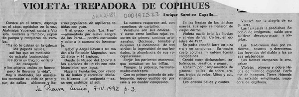 Violeta, trepadora de copihues  [artículo] Enrique Ramírez Capello.