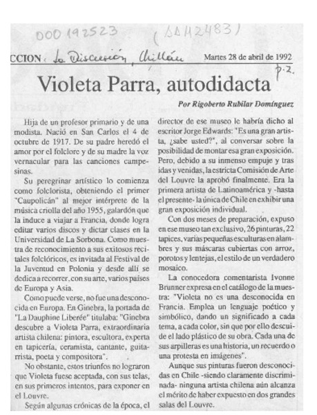 Violeta Parra, autodidacta  [artículo] Rigoberto Rubilar Domínguez.