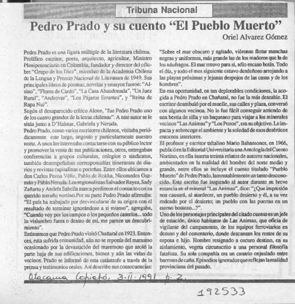 Pedro Prado y su cuento "El pueblo muerto"  [artículo] Oriel Alvarez Gómez.