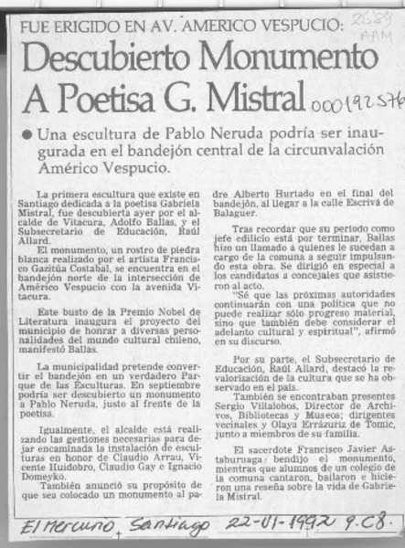 Descubierto monumento a poetisa G. Mistral  [artículo].