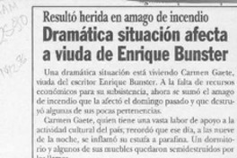 Dramática situación afecta a viuda de Enrique Bunster  [artículo].