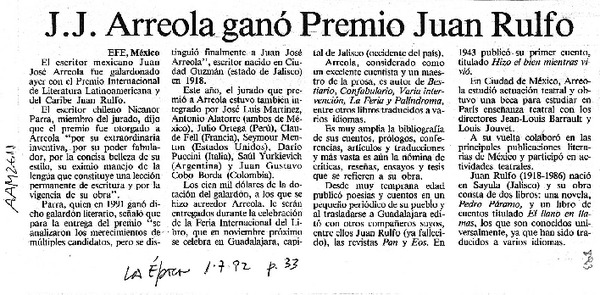 J. J. Arreola ganó premio Juan Rulfo  [artículo].