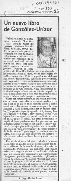 Un nuevo libro de González-Urízar  [artículo] Hugo Montes Brunet.