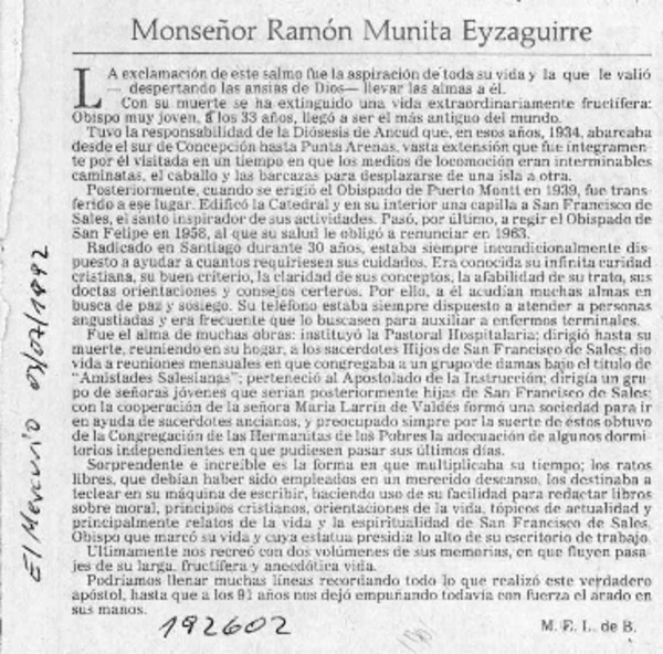 Monseñor Ramón Munita Eyzaguirre  [artículo] M. E. L. de B.