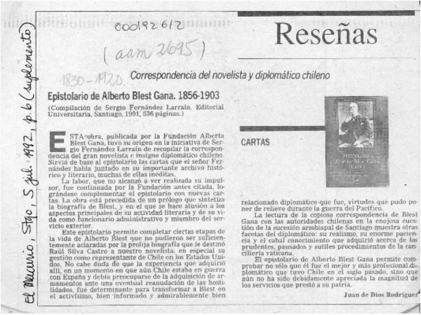 Epistolario de Alberto Blest Gana  [artículo] Juan de Dios Rodríguez.
