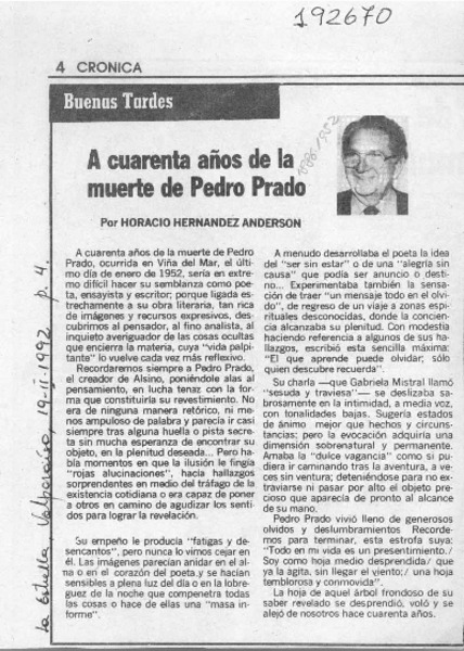 A cuarenta años de la muerte de Pedro Prado  [artículo] Horacio Hernández Anderson.