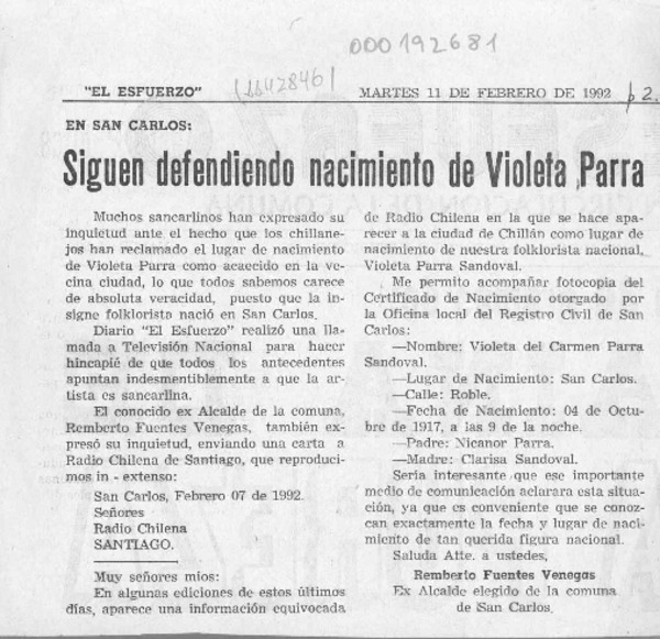 Siguen defendiendo nacimiento de Violeta Parra  [artículo] Remberto Fuentes Venegas.