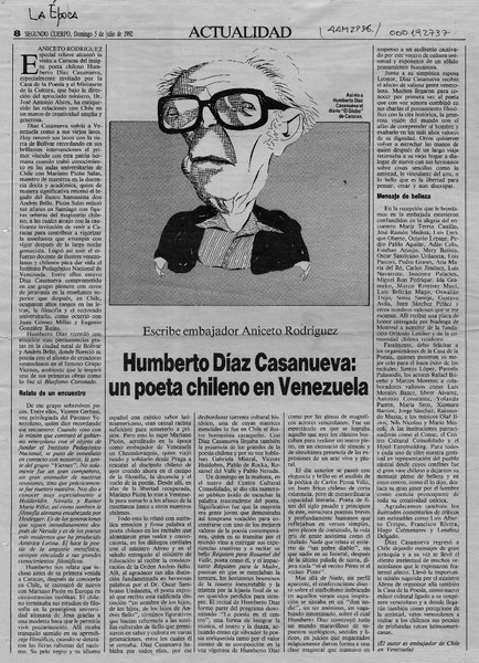 Humberto Díaz Casanueva, un poeta chileno en Venezuela  [artículo] Aniceto Rodríguez.