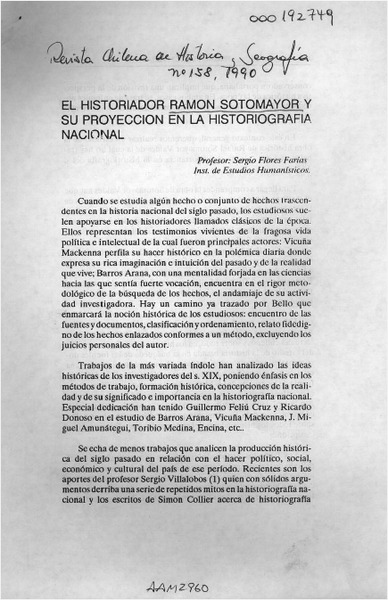 El historiador Ramón Sotomayor y su proyección en la historiografía nacional  [artículo] Sergio Flores Farías.