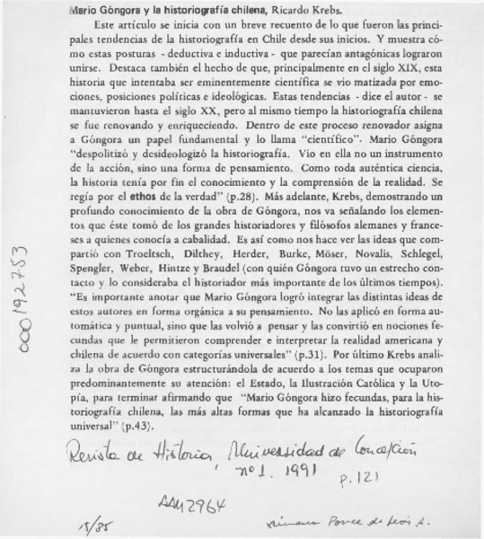 Mario Góngora y la historiografía chilena  [artículo] Ximena Ponce de León A.