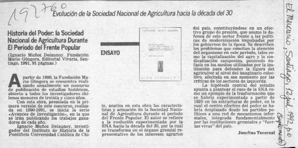 Historia del poder, la Sociedad Nacional de Agricultura durante el período del Frente Popular  [artículo] Josefina Tocornal.