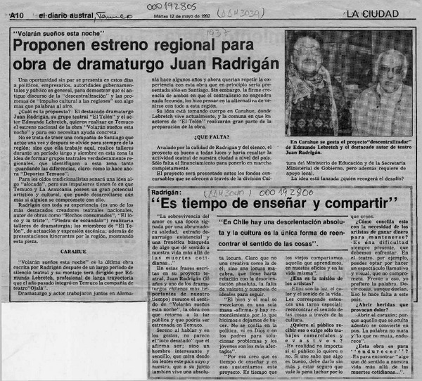 Proponen estreno regional para obra de dramaturgo Juan Radrigán  [artículo].