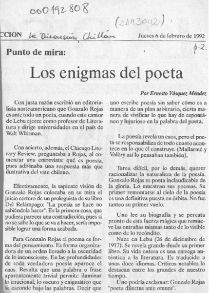 Los enigmas del poeta  [artículo] Ernesto Vásquez Méndez.