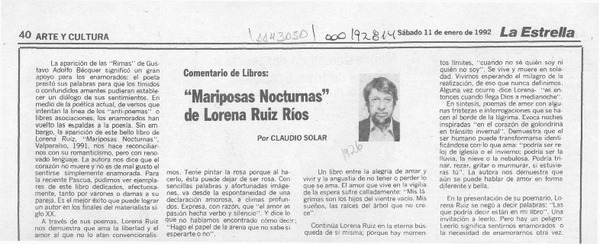 "Mariposas nocturnas" de Lorena Ruiz Ríos  [artículo] Claudio Solar.