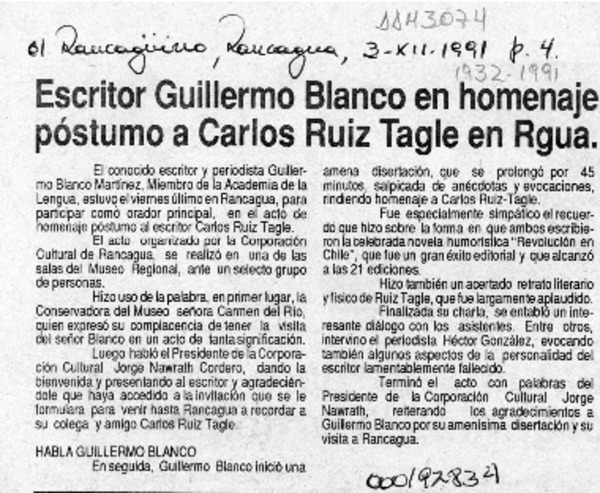 Escritor Guillermo Blanco en homenaje póstumo a Carlos Ruiz Tagle en Rgua.  [artículo].