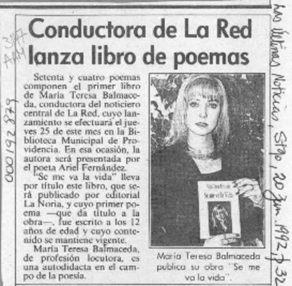 Conductora de La Red lanza libro de poemas  [artículo].