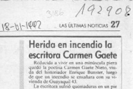 Herida en incendio la escritora Carmen Gaete  [artículo].