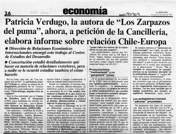 Patricia Verdugo, la autora de "Los zarpazos del puma", ahora, a petición de la cancillería, elabora informe sobre relación Chile-Europa  [artículo].
