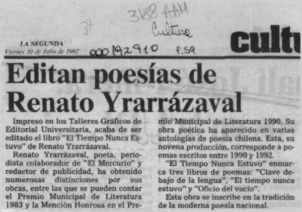 Editan poesías de Renato Yrarrázaval  [artículo].