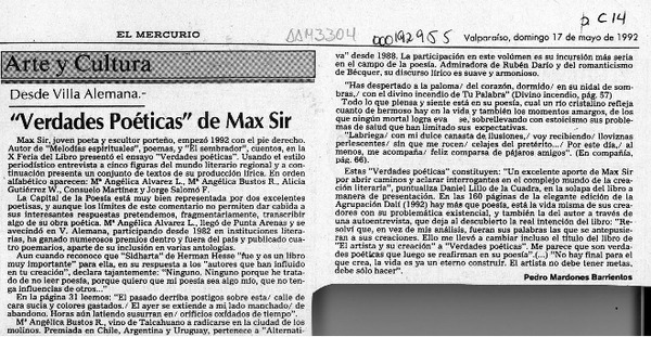"Verdades poéticas" de Max Sir  [artículo] Pedro Mardones Barrientos.