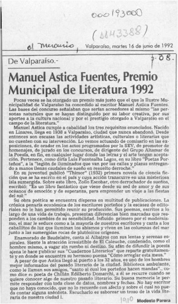 Manuel Astica Fuentes, Premio Municipal de Literatura 1992  [artículo] Modesto Parera.