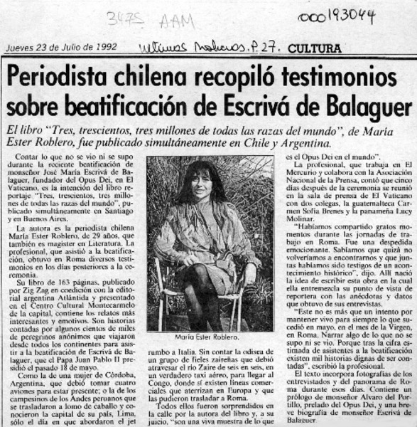 Periodista chilena recopiló testimonios sobre beatificación de Escrivá de Balaguer  [artículo].