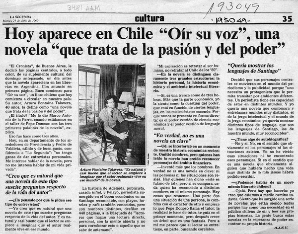 Hoy aparece en Chile "Oír su voz", una novela "que trata de la pasión y del poder"  [artículo] A. J. S. V.