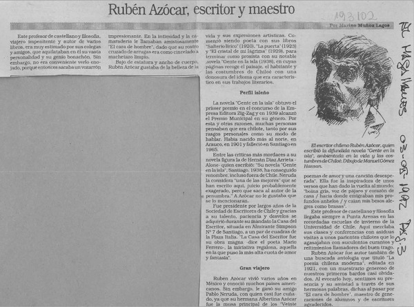 Rubén Azócar, escritor y maestro  [artículo] Marino Muñoz Lagos.