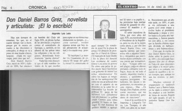 Don Daniel Barros Grez, novelista y articulista, El lo escribió!  [artículo] Alejandro Lara León.