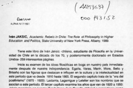 Academic rebels in Chile, the role of philosophy in higher education and politics  [artículo] Rogelio Rodríguez M.