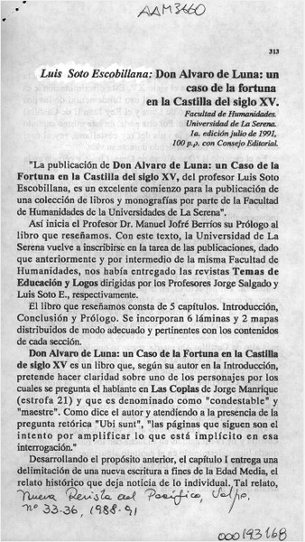 Luis Soto Escobillana, "Don Alvaro de Luna, un caso de la fortuna en la Castilla del siglo XV"  [artículo] S. Liliana Vera Urarte.