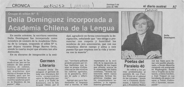 Delia Domínguez incorporada a Academia Chilena de la Lengua  [artículo].