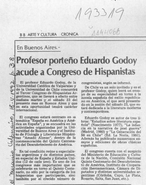 Profesor porteño Eduardo Godoy acude a Congreso de Hispanistas  [artículo].