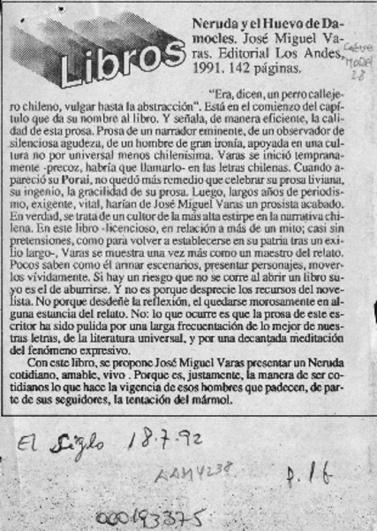 Neruda y el huevo de Damocles  [artículo] Fernando Quilodrán.