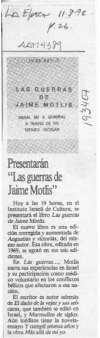 Presentarán "Las guerras de Jaime Motlis"  [artículo].