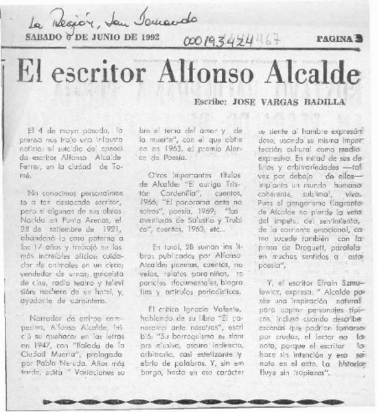 El escritor Alfonso Alcalde  [artículo] José Vargas Badilla.