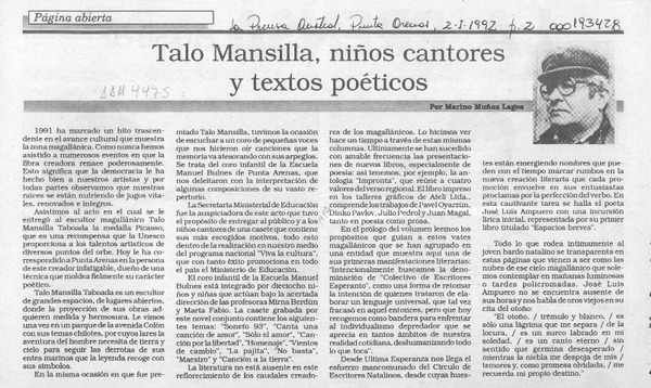 Talo Mansilla, niños cantores y textos poéticos  [artículo] Marino Muñoz Lagos.