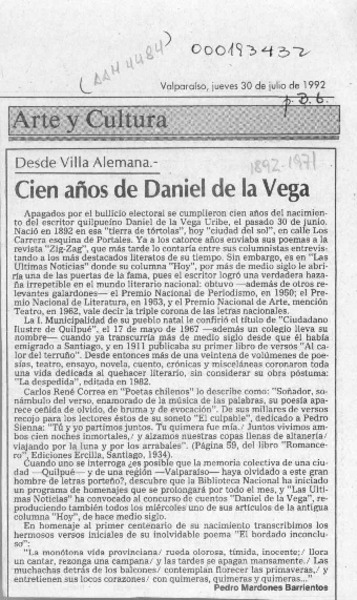 Cien años de Daniel de la Vega  [artículo] Pedro Mardones Barrientos.