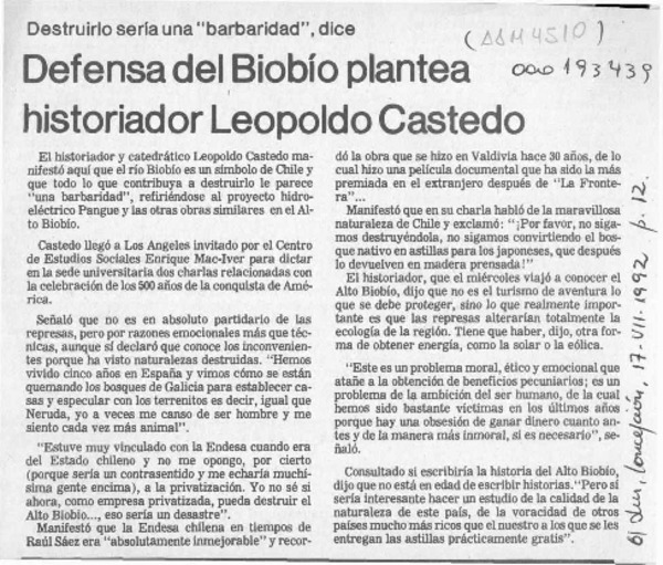 Defensa del Biobío plantea historiador Leopoldo Castedo  [artículo].