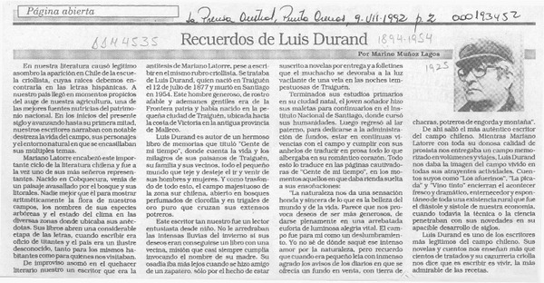Recuerdos de Luis Durand  [artículo] Marino Muñoz Lagos.
