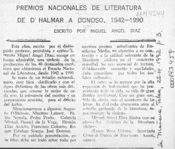 Premios Nacionales de Literatura de D'Halmar a Donoso, 1942-1990  [artículo] Laura Rosa Urbina.