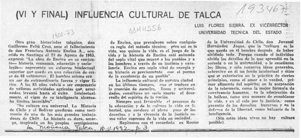 Influencia cultural de Talca  [artículo] Luis Flores Sierra.
