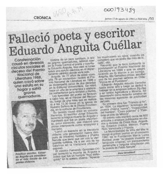 Falleció poeta y escritor Eduardo Anguita Cuéllar  [artículo] Irene Strodthoff.