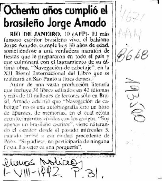 Ochenta años cumplió el brasileño Jorge Amado  [artículo].