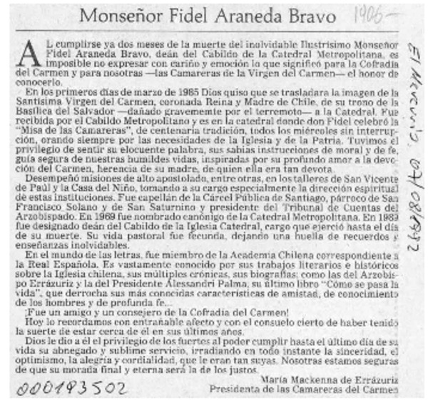 Monseñor Fidel Araneda Bravo  [artículo] María Mackenna de Errázuriz.